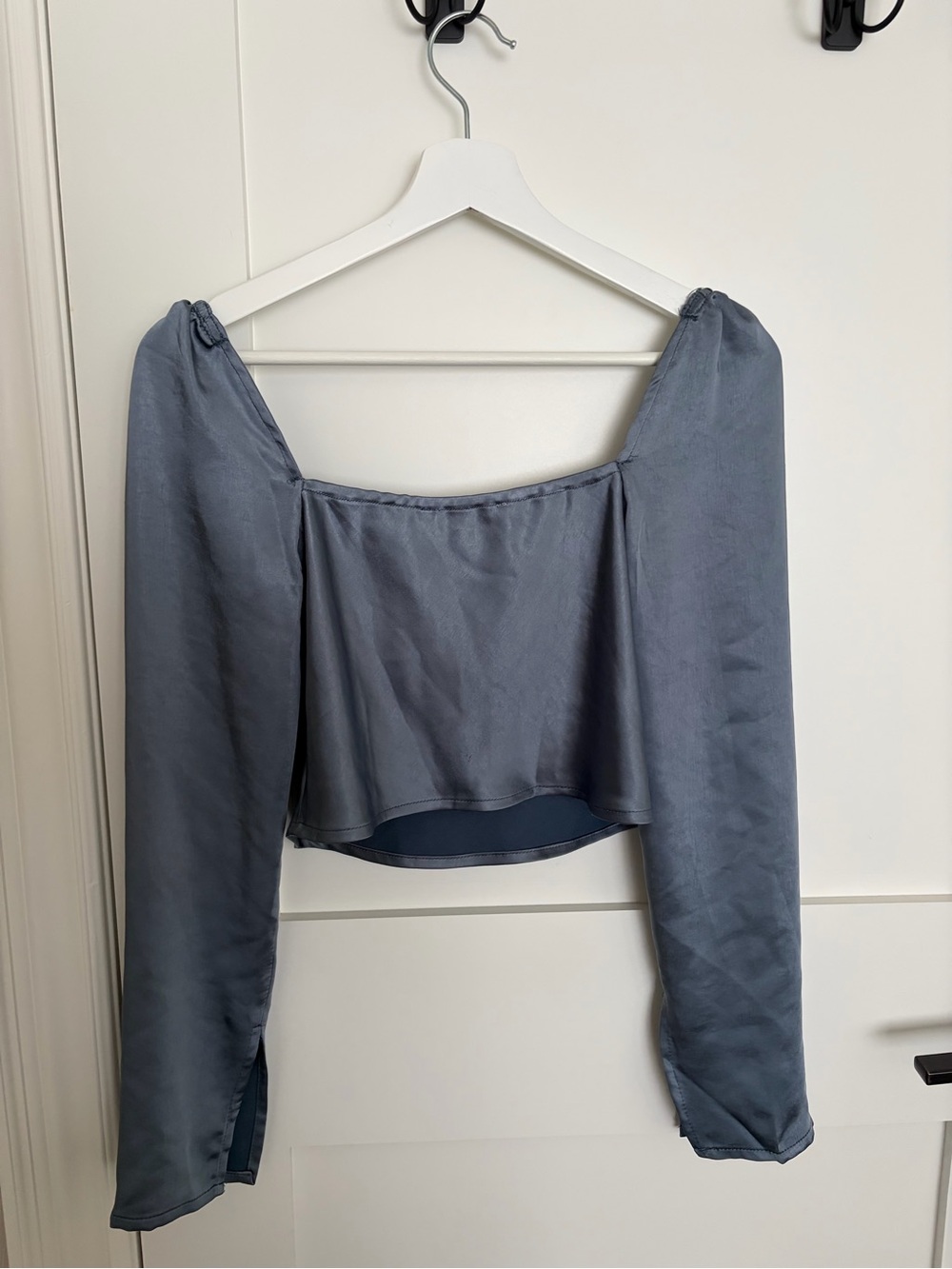 Audrey 3+1 Steel Blue Satin Draped Long-Sleeve Crop Top - Picture 2 of 3